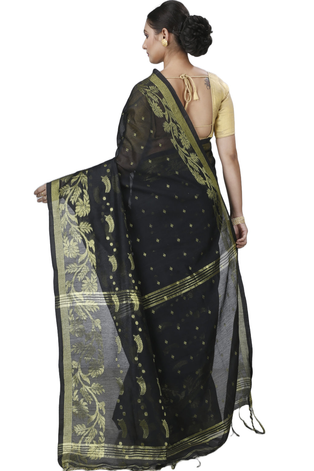 Black Blended Cotton Turik Hand Loom Saree (1249)